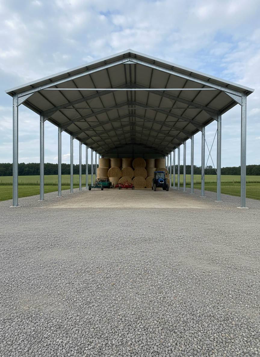 A long, open-sided agricultural metal shelter with a tall, clear-span roof constructed from galvanized steel trusses and posts stands beside a wide gravel farmyard. Inside the shelter, neat rows of hay bales and a parked tractor are partially visible, all depicted without any people. The metal roof’s underside reveals evenly spaced purlins and bracing, highlighted by soft, diffused afternoon daylight filtering from the open sides. The distant background shows rolling fields and a treeline in gentle focus. Photographic realism and a slightly elevated, wide-angle composition emphasize the shelter’s length and functionality, conveying a rugged yet orderly atmosphere that highlights metal buildings as practical, durable solutions for farms and agricultural operations.