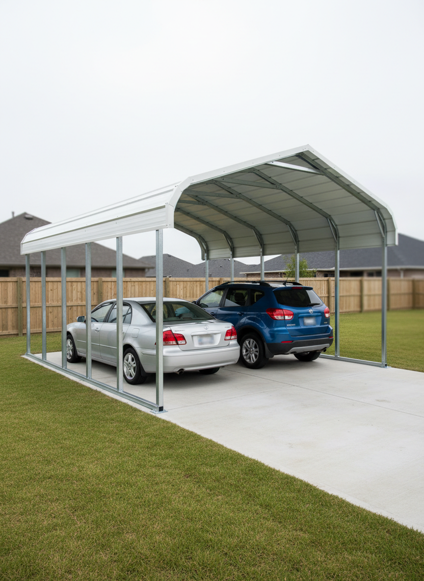 A medium-sized metal carport with a gently arched roof and open sides, constructed from galvanized steel posts and glossy white roof panels, shelters two parked vehicles without showing any people. The carport is positioned on a smooth concrete pad adjacent to a tidy suburban-style property with manicured grass and a simple wooden privacy fence in the background, softly blurred. Bright but diffused overcast lighting provides even illumination, minimizing harsh shadows and emphasizing the clean, practical design. Photographic realism, eye-level composition, and a slight angle from the front corner highlight the structure’s sturdy anchoring, precise connections, and neat trim, creating a calm, practical, and accessible mood that reflects affordable, straightforward protection for everyday vehicles.