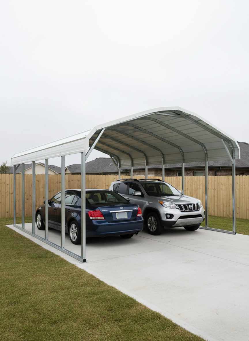 A medium-sized metal carport with a gently arched roof and open sides, constructed from galvanized steel posts and glossy white roof panels, shelters two parked vehicles without showing any people. The carport is positioned on a smooth concrete pad adjacent to a tidy suburban-style property with manicured grass and a simple wooden privacy fence in the background, softly blurred. Bright but diffused overcast lighting provides even illumination, minimizing harsh shadows and emphasizing the clean, practical design. Photographic realism, eye-level composition, and a slight angle from the front corner highlight the structure’s sturdy anchoring, precise connections, and neat trim, creating a calm, practical, and accessible mood that reflects affordable, straightforward protection for everyday vehicles.