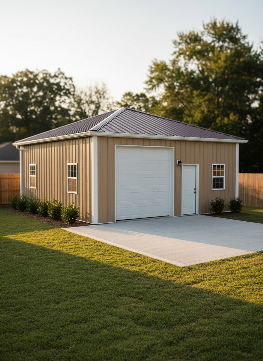 A versatile backyard metal workshop building with a roll-up door, a single entry door, and two small rectangular windows stands on a pristine concrete slab, surrounded by a neatly maintained lawn and a few low shrubs. The building features tan metal wall panels, white trim, and a dark brown roof, all in clean photographic realism. Late afternoon sunlight bathes the scene in a warm, inviting glow, casting soft shadows that emphasize the building’s shape and proportions. Captured from an eye-level, three-quarter front view with moderate depth of field, the composition keeps the structure in crisp focus while gently blurring the background trees and fence. The mood is practical yet welcoming, showcasing how a metal building can function as a personal workshop, storage space, or hobby area in a residential setting.