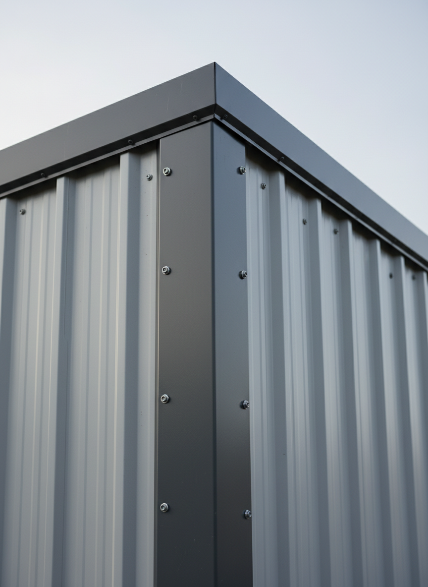 A detailed close-up of a metal building corner, focusing on the precise intersection of vertical steel wall panels, a robust steel frame column, and neatly finished trim. The light gray panels have a subtle satin sheen and visible ribbing, while the trim features a slightly darker charcoal tone with clean edges and tightly aligned fasteners. Soft, diffused mid-morning daylight creates minimal shadows, allowing every texture and joint to be clearly seen in photographic realism. The background gently blurs into the rest of the building’s sidewall and a neutral sky. Shot from a slightly low, angled macro perspective, the composition emphasizes craftsmanship, material quality, and structural integrity, conveying a technical, professional, and trustworthy mood suitable for highlighting construction quality and manufacturer-grade standards.
