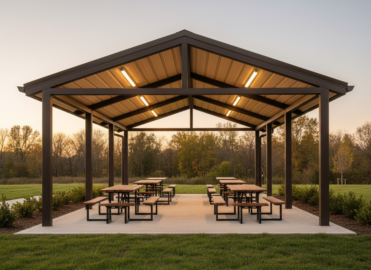 An inviting covered outdoor metal pavilion with a standing-seam metal roof and open steel posts shelters a polished concrete patio with neatly arranged picnic tables, all devoid of people. The structure features dark bronze posts and a warm, light tan underside to the roof, with concealed fasteners for a clean, contemporary look. Soft early evening light creates a subtle, warm ambiance, while integrated LED strip lighting under the roof is just beginning to glow, casting gentle illumination across the patio. The surrounding landscaping includes trimmed grass, small ornamental bushes, and a distant line of trees, slightly blurred. Photographic realism, eye-level composition, and balanced framing create a calm, community-oriented atmosphere that showcases metal buildings as attractive outdoor gathering and recreational spaces.