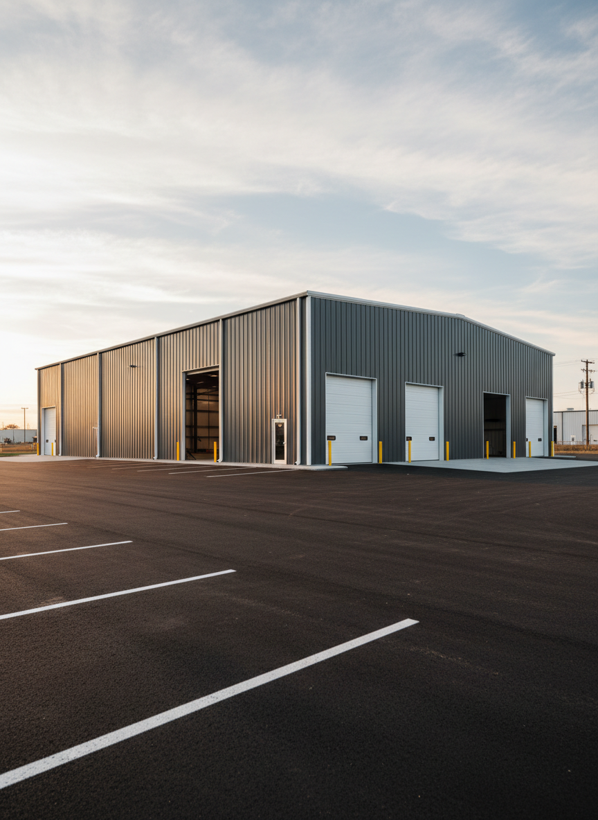 An expansive commercial metal building in deep charcoal gray with contrasting white trim and multiple large roll-up doors stretches across an industrial lot, representing a 10,000 square foot facility. The exterior showcases ribbed steel wall panels, a tall clear-span interior hinted at through open bays, and a clean, symmetrical roofline. Soft golden hour sunlight creates a warm glow on the metal surfaces and subtle reflections on the doors, while long shadows add depth. The foreground shows a wide, freshly paved asphalt area with crisp parking lines, leading the eye toward the building. Captured in photographic realism from a low-angle, three-quarter perspective, the composition emphasizes scale, strength, and professionalism, ideal for illustrating large commercial projects and industrial-grade metal construction.