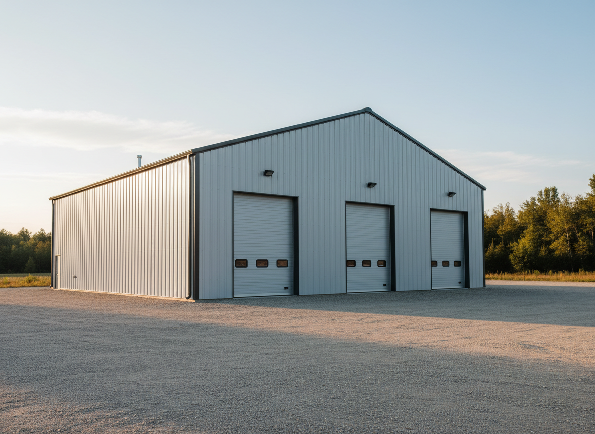 A spacious, modern steel metal building with a clean, light gray exterior and a charcoal trim, featuring a high gabled roof and wide roll-up doors, stands on a neatly graded gravel lot. The structure’s ribbed metal panels and bolt connections are clearly visible in crisp photographic realism. Soft late afternoon sunlight creates gentle highlights along the roofline and casts long, defined shadows on the ground. In the distance, a blurred tree line and open sky provide context without distraction. Captured from a slightly elevated three-quarter angle with sharp focus throughout, the composition emphasizes the building’s size, durability, and clean lines, conveying a professional, trustworthy, and well-built appearance suitable for a metal building supplier’s homepage hero image.