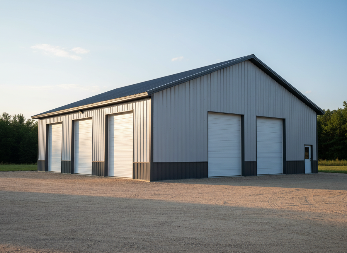 A spacious, modern steel metal building with a clean, light gray exterior and a charcoal trim, featuring a high gabled roof and wide roll-up doors, stands on a neatly graded gravel lot. The structure’s ribbed metal panels and bolt connections are clearly visible in crisp photographic realism. Soft late afternoon sunlight creates gentle highlights along the roofline and casts long, defined shadows on the ground. In the distance, a blurred tree line and open sky provide context without distraction. Captured from a slightly elevated three-quarter angle with sharp focus throughout, the composition emphasizes the building’s size, durability, and clean lines, conveying a professional, trustworthy, and well-built appearance suitable for a metal building supplier’s homepage hero image.